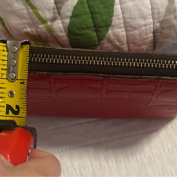 CAROLINA HERRERA Red Monogram Embossed Leather Zipper Continental Wallet - Picture 13 of 14